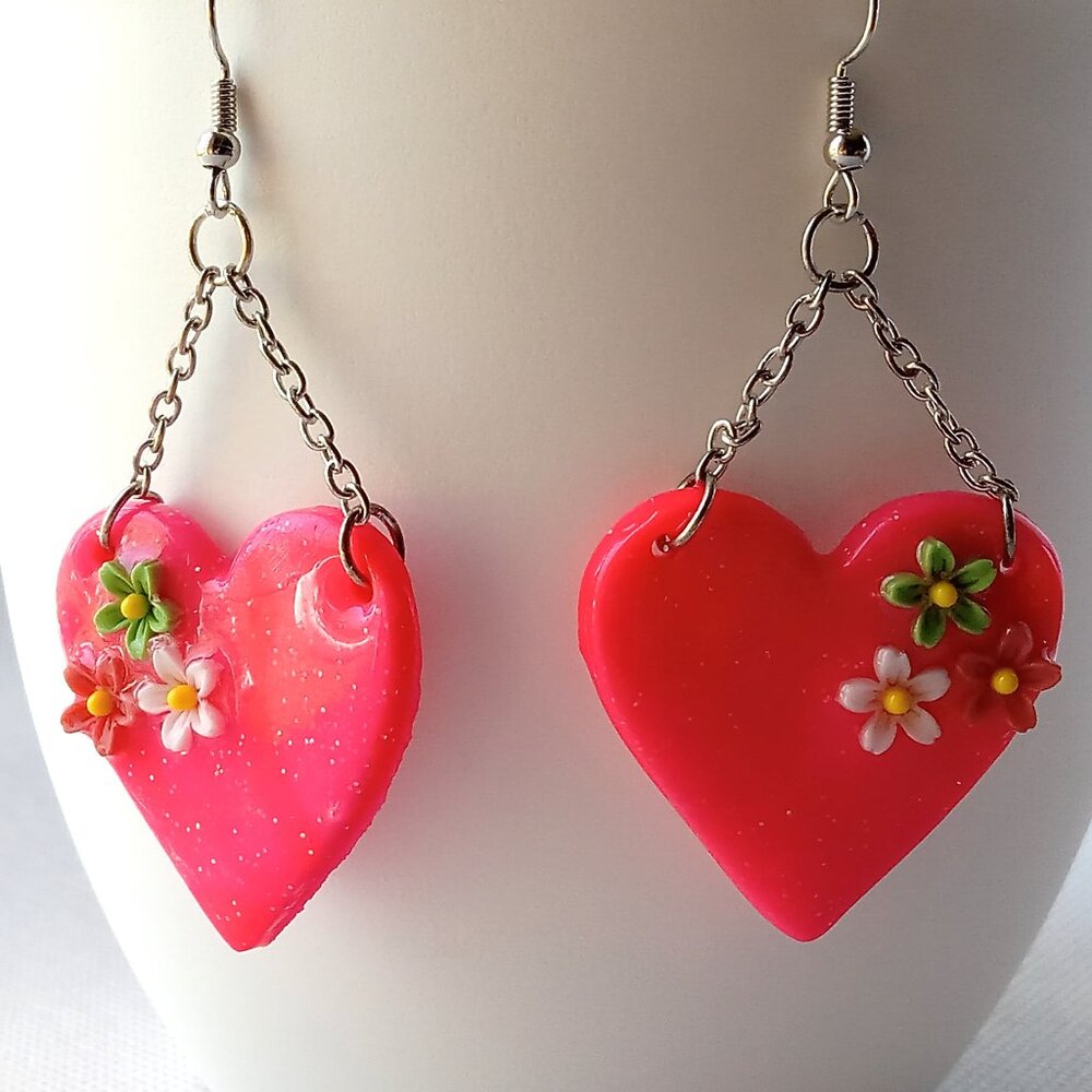 Handmade Hot Pink Heart Earrings with Flowers